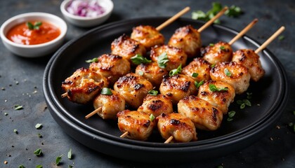 Fototapeta premium grilled chicken skewers with fresh herbs on black plate, served with spicy sauce and chopped onions, flavorful barbecue meal
