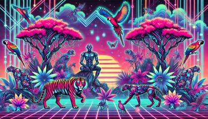 Robot sitting in futuristic pop-art cyber jungle with neon-glowing plants and robotic wildlife