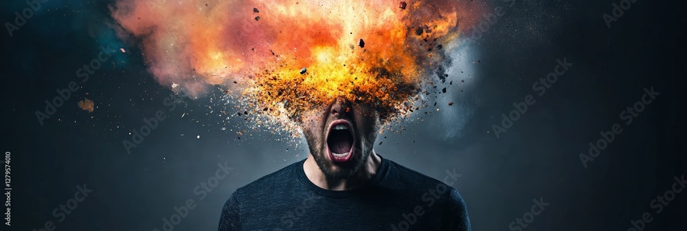 Poster man experiencing burnout and stress with his head exploding into flames and debris, representing inf