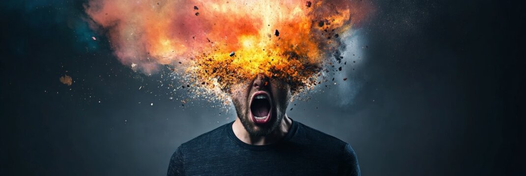 Man experiencing burnout and stress with his head exploding into flames and debris, representing information overload, mental health issues, and extreme pressure
