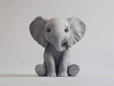 Baby elephant is sitting on a white background. The elephant is looking at the camera with a curious expression