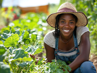 Modern black woman in agriculture smiling while working in garden