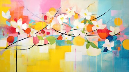 Spring Abstract Floral Art Painting with Vibrant Colors, Modern Botanical Artwork, Colorful Flower Composition, Contemporary Nature-Inspired Design