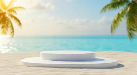 Obraz premium empty white podium in tropical sand over blurred tropical sea background.