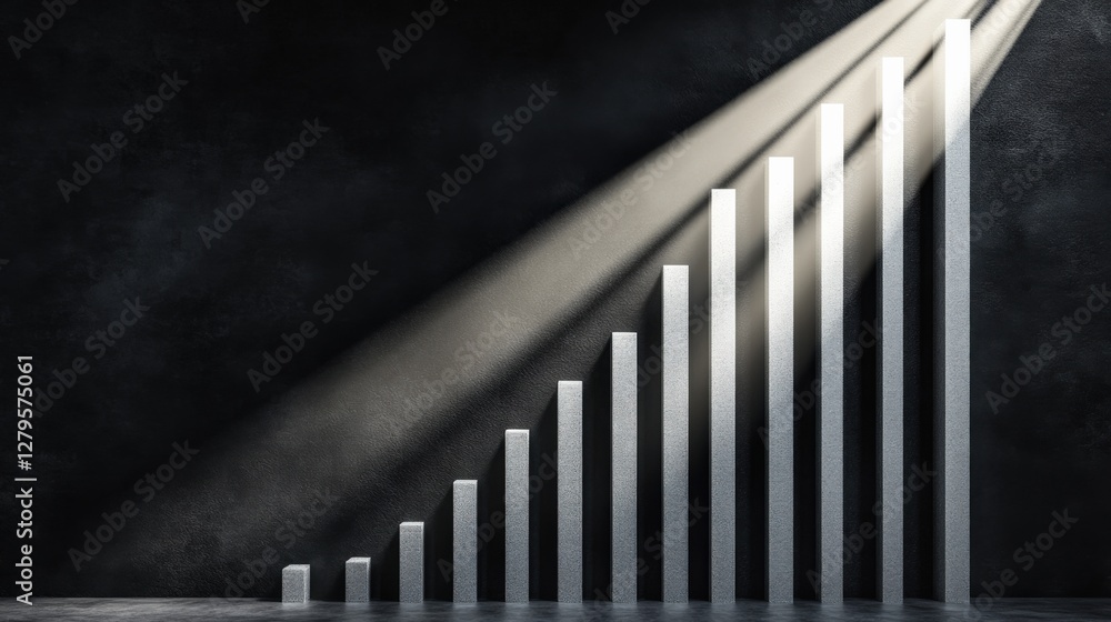 Poster abstract representation of growth with ascending bars illuminated by dramatic light in dark setting