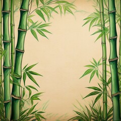 正方形のベージュの和紙に描かれた和風の緑色の竹林のフレーム背景壁紙。コピースペースあり。aiで生成