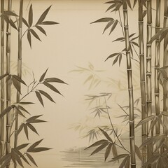 Naklejka premium 正方形のベージュの和紙に描かれた和風の緑色の竹林のフレーム背景壁紙。コピースペースあり。aiで生成