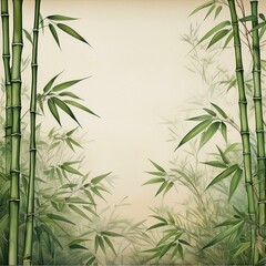 Obraz premium 正方形のベージュの和紙に描かれた和風の緑色の竹林のフレーム背景壁紙。コピースペースあり。aiで生成