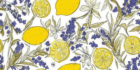 Seamless vector pattern with yellow lemons and blue flowers. Fruit repeated background. Vector bright print for fabric or wallpaper.