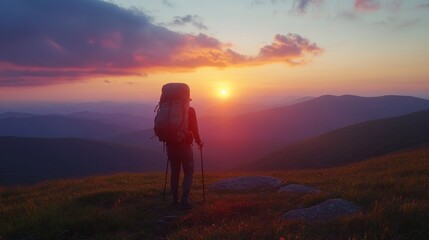 Fototapeta premium Hikers admire mountain sunset vista
