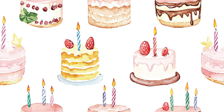 Lovely birthday vector pattern design with cakes and candle on white background. Festive artistic cover. Poster, business card, invitation, flyer, banner, email header, menu, wrapping paper, wallpaper