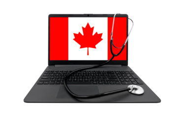 Laptop with Canada flag on the screen and a medical stethoscope, on a transparent background. Canada's healthcare system concept