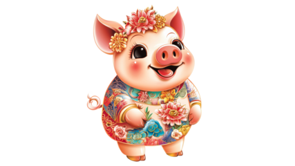 Cute pig character in colorful floral outfit