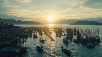 Fototapeta premium Serene sunset over a fishing village with boats silhouetted against the horizon