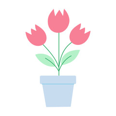 A flower pot with three pink flowers in it. The flowers are in a vase