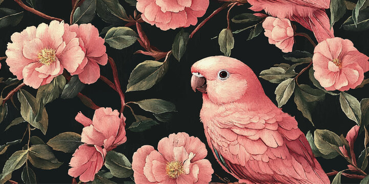 An exotic tropical vector seamless floral pattern. Birds pink parrots on a branch. Nature illustration vintage leaves, flowers. Wildlife. For paper, Hawaiian textiles, summer wall papers