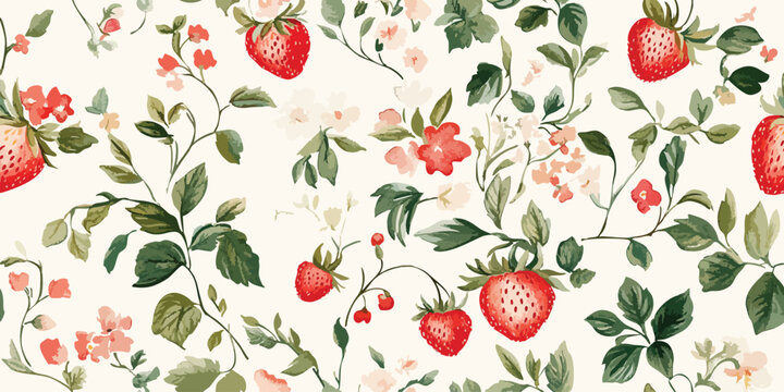 Watercolor seamless pattern with vintage strawberry branch with berries, leaves and flowers. Isolated on white