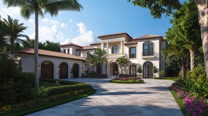 Obraz premium Elegant Mediterranean Villa Surrounded by Lush Greenery and Flowers