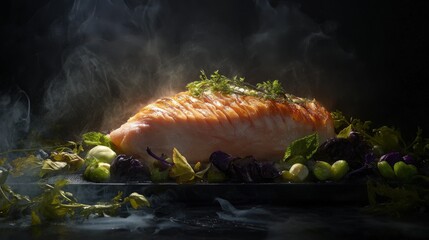 Freshly cooked salmon fillet garnished with herbs on a dark background with vegetables