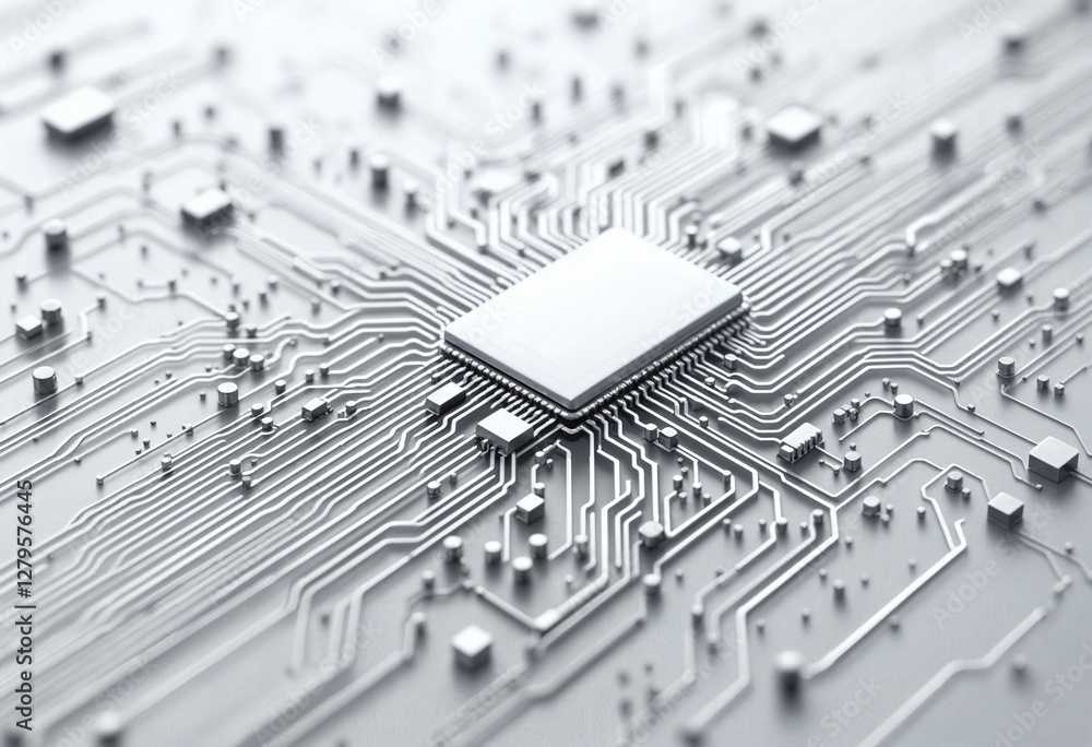 Poster close-up view of a white microchip and intricate digital circuit connections on a motherboard.