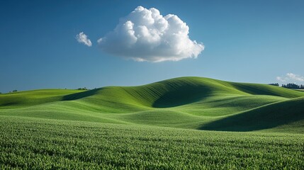 Obraz premium Serene landscape photo of rolling green hills under a vibrant blue sky, featuring a single, fluffy cumulus cloud. Ideal for nature, travel, and environmental themes.