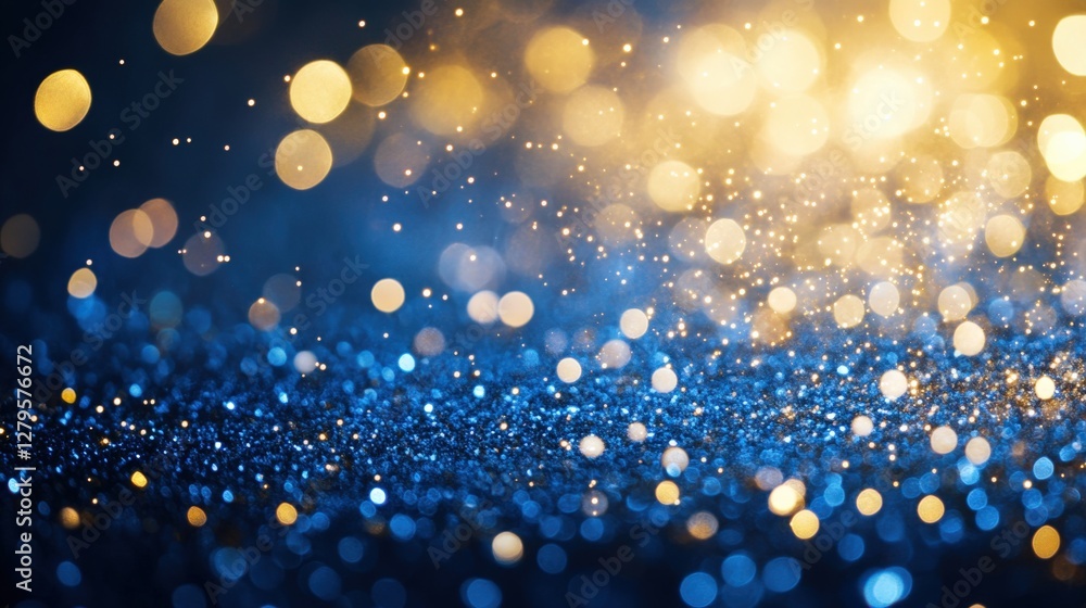 Poster glittering blue and gold bokeh with sparkling particles creating a festive atmosphere