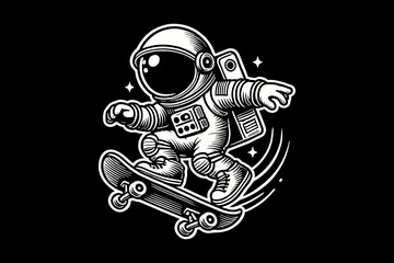 Astronaut in Space Suit cartoon playing skateboard Black and White graphic design Illustration