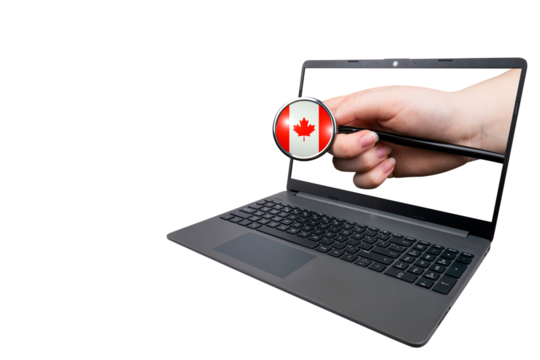 A hand with a medical stethoscope with a head in the form of the Canadian flag sticks out of a laptop on a transparent background. Canada's healthcare system concept
