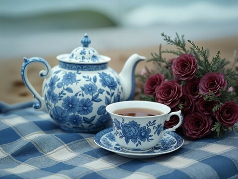 Blue and white teapot with cup of tea and bouquet of camellias on seashore