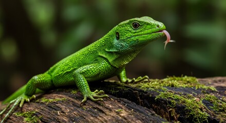 Fototapeta premium Emerald Scales: A Vibrant Green Lizard Probing the Air with its Tongue