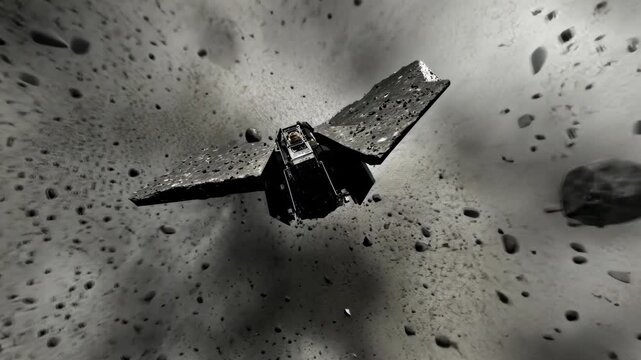 Spacecraft navigates through dense asteroid field in the depths of outer space during a scientific exploration mission