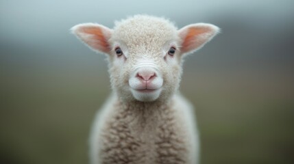 Fototapeta premium Cute lamb, pasture, spring, overcast, farm