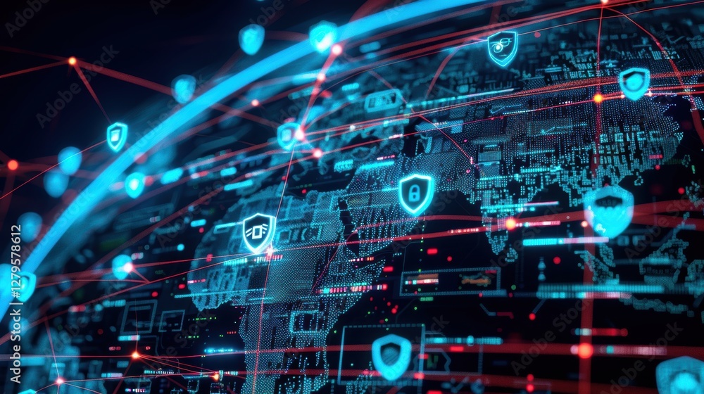 Poster global cybersecurity network with digital globe and interconnected firewalls for online security