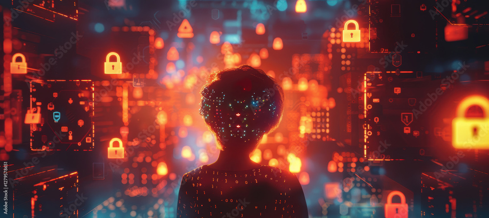 Poster digital security concept: person with encrypted codes and padlocks for cybersecurity awareness