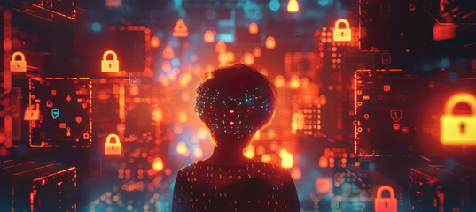 Digital Security Concept: Person with Encrypted Codes and Padlocks for Cybersecurity Awareness