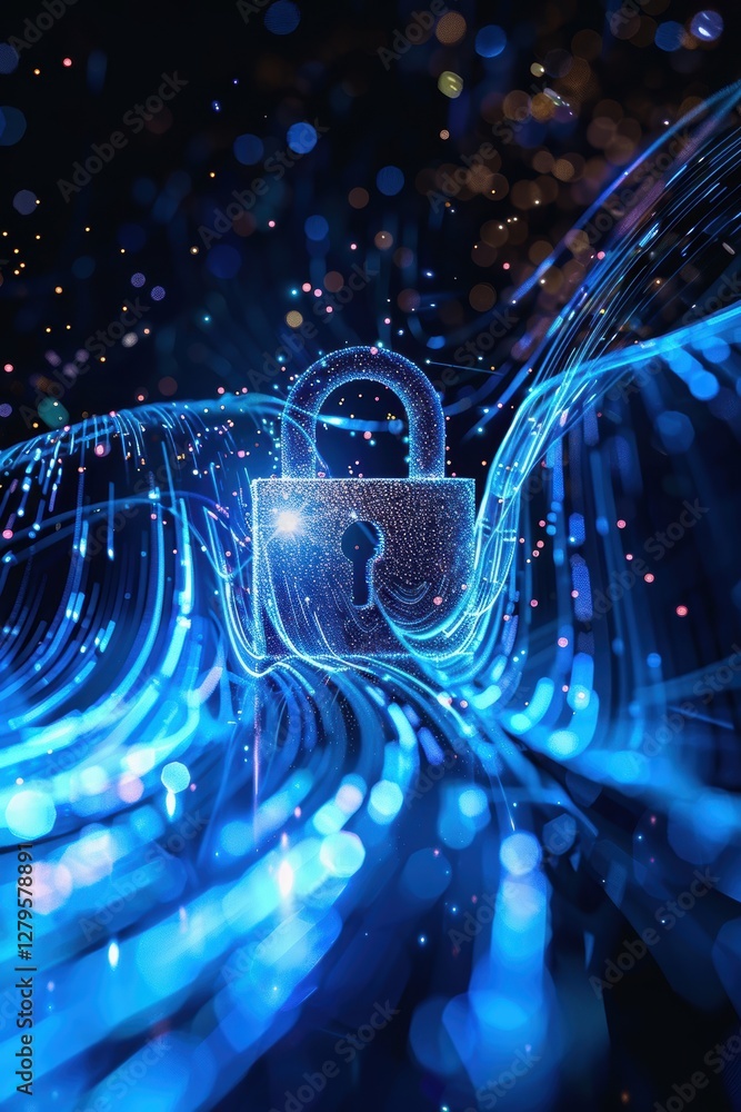 Poster glowing padlock in data streams for robust cybersecurity protection concept