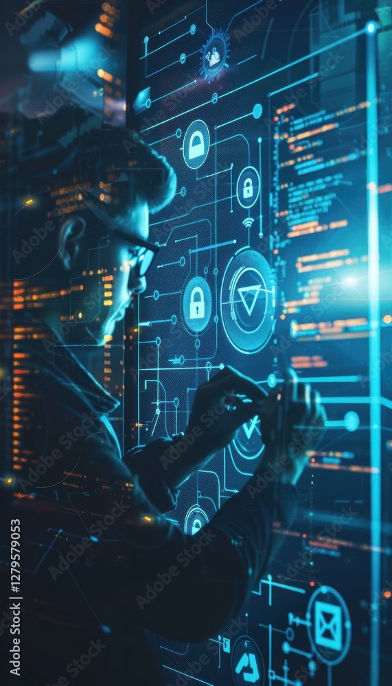 Aufkleber digital security expert entering password on holographic interface for data protection