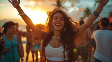 A group of friends, including joyful young women, dances at a beach festival. The crowd enjoys the music and the sunset
