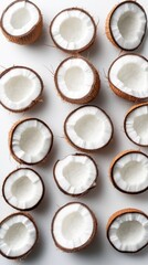 Sliced coconuts are neatly placed on a clean white surface, showcasing their soft interior
