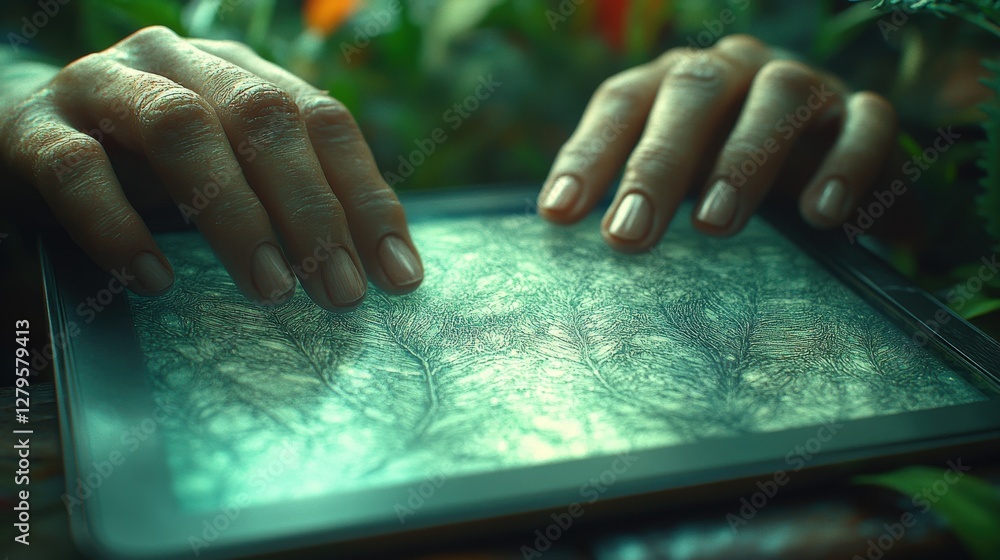 Poster close-up of elderly hands gently interacting with a tablet displaying a nature-inspired pattern, cre