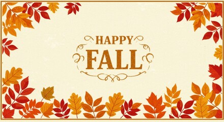 A seasonal card with autumn leaves, a warm color palette, and Happy Fall in a rustic, cozy font