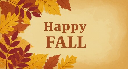 A seasonal card with autumn leaves, a warm color palette, and Happy Fall in a rustic, cozy font