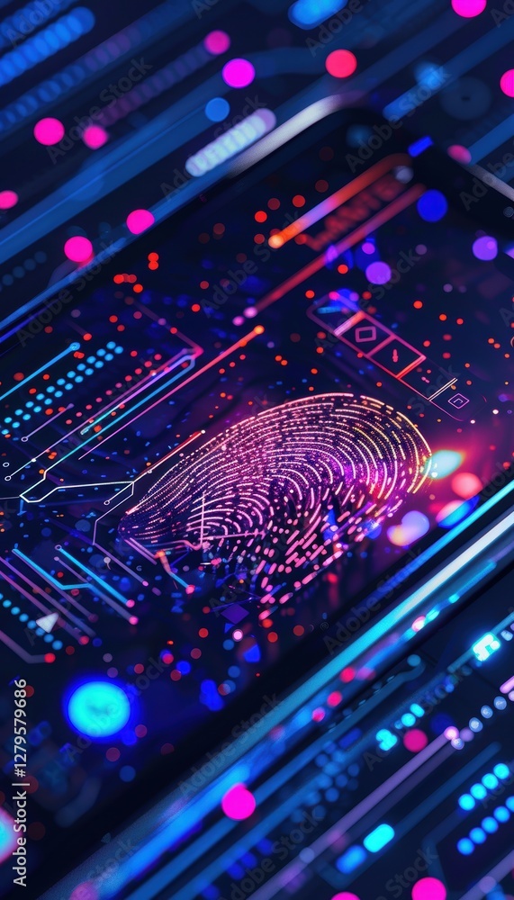 Poster biometric security: smartphone with fingerprint lock and cyber grid background for tech design
