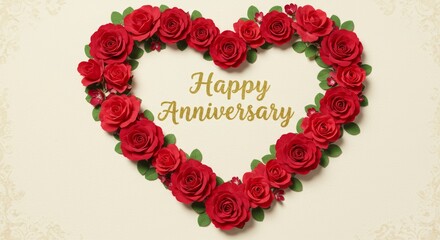 An anniversary card with a heart-shaped wreath of roses and greenery, with Happy Anniversary in gold script at the center