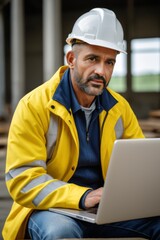arafed man in a hard hat sitting on a bench using a laptop
