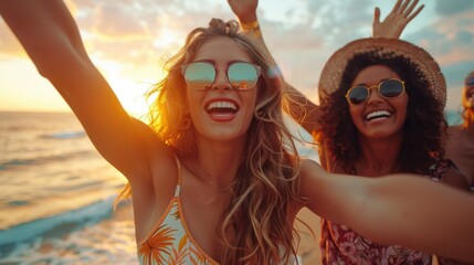 A group of friends, including joyful young women, dances at a beach festival. The crowd enjoys the music and the sunset