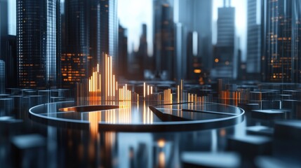 Futuristic city skyline with glowing data visualization overlaid, representing digital finance trends