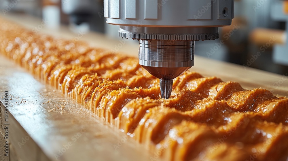 Poster cnc machine precisely carving intricate details into a long piece of wood, showcasing the craftsmans