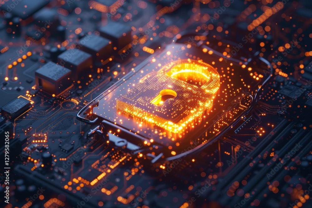 Poster advanced cybersecurity concept: digital padlock over computer motherboard design