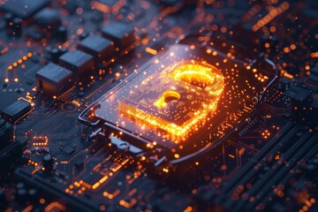 Advanced Cybersecurity Concept: Digital Padlock Over Computer Motherboard Design